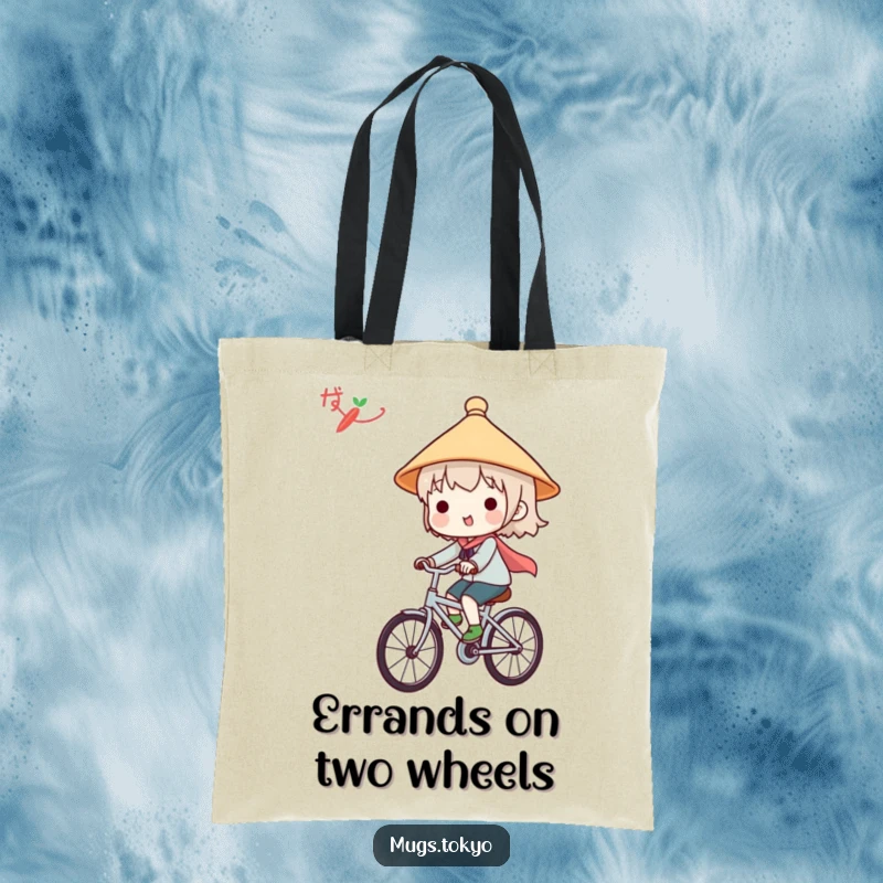 Funny tote bag with a cute character in a Japanese hat, happily riding a bicycle, perfect for stylish and humorous errands.