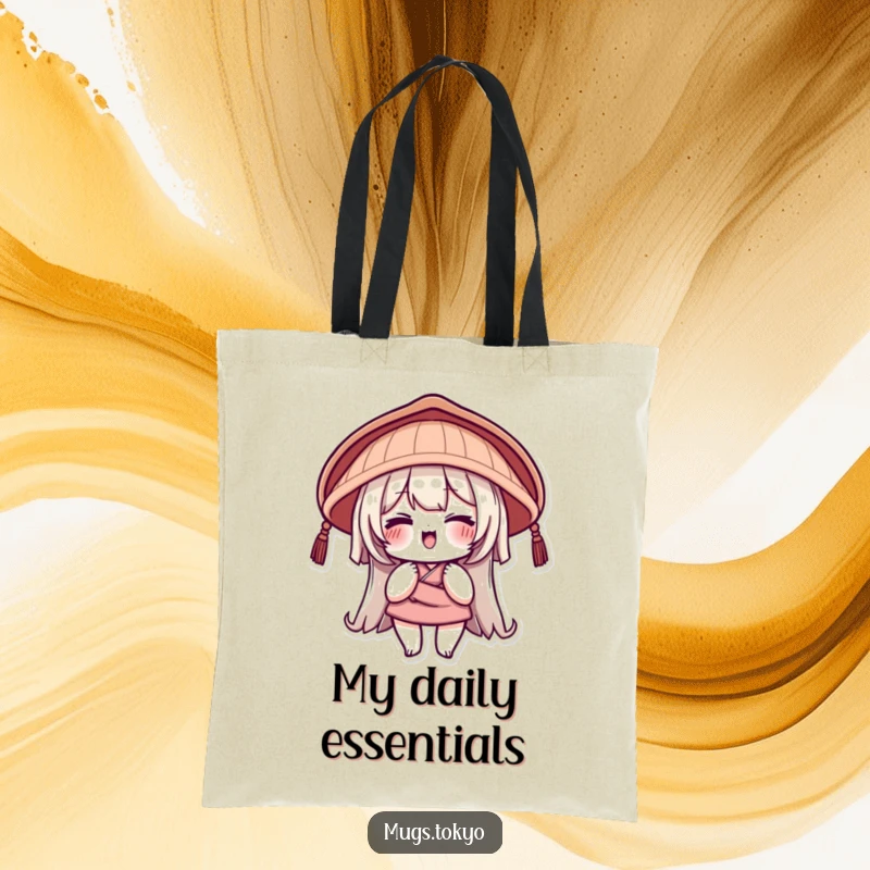 Funny Tote Bag featuring a character in a traditional Japanese hat giving a playful wink, ideal for shopping and humorous accents.