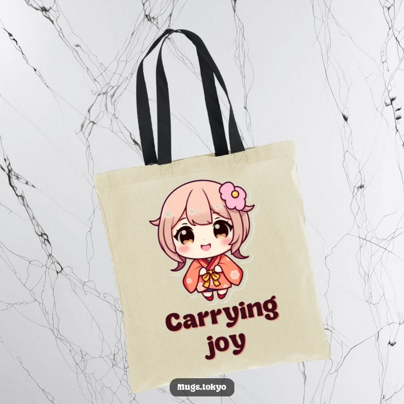 Funny tote bag with a cute character in a kimono, wide eyes, and a large, happy smile. Durable and humorous accessory.