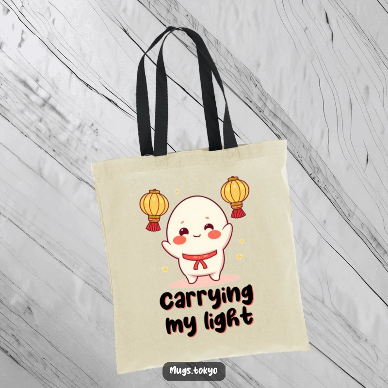 Funny tote bag with a cheerful mochi character with rosy cheeks, juggling illuminated lanterns, perfect for carrying daily items with fun.