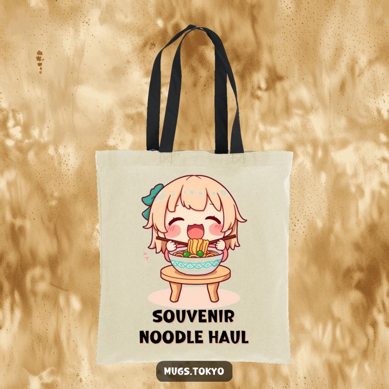Funny tote bag illustration of a character deeply engrossed in eating a steaming bowl of noodles.