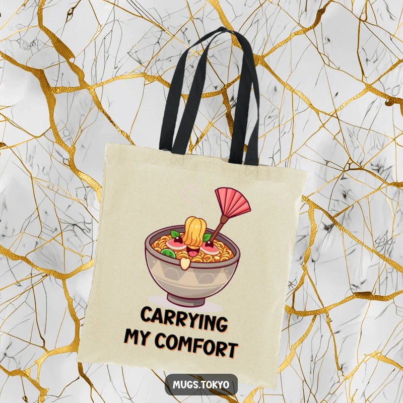 Funny happy ramen bowl character with steam rising, waving a tiny fan, on a stylish tote bag.