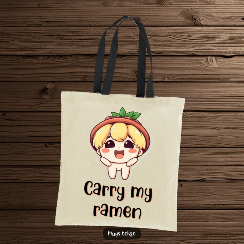 Funny tote bag featuring a character wearing a ramen bowl hat, beaming with delight. Humorous and functional accessory.