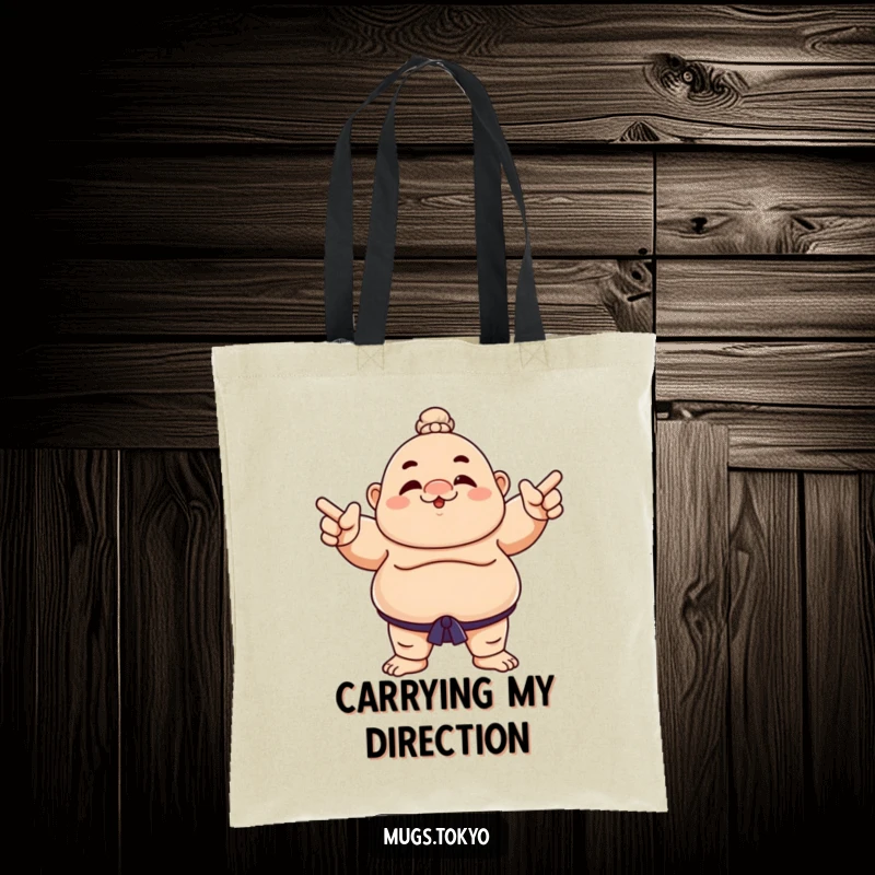 Funny tote bag with a sumo wrestler character playfully pointing, a stylish and humorous accessory.