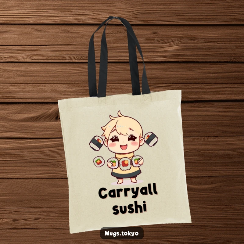 Funny Tote Bag illustrating a skilled character juggling three delicious sushi rolls, making errands fun and humorous.