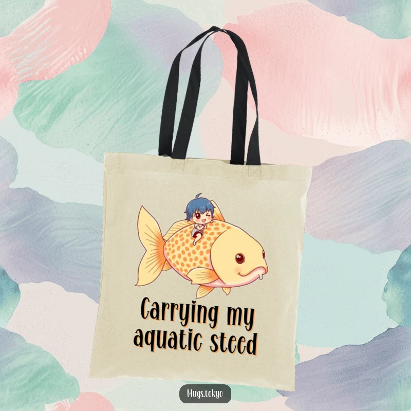 Funny tote bag featuring a tiny character on a giant goldfish, perfect for stylish, humorous everyday carry.