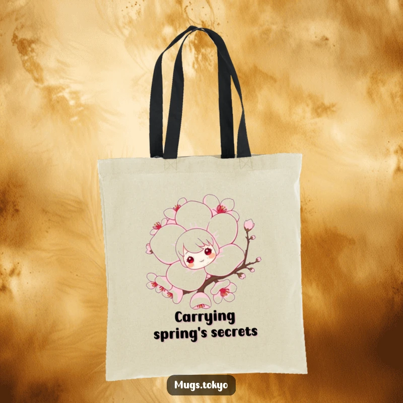 Funny tote bag featuring a playful character peeking from behind a large, stylized cherry blossom, ideal for carrying goodies humorously.