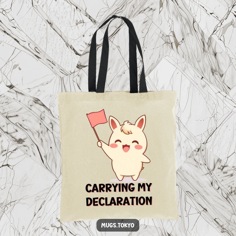 Funny tote bag featuring an excited character enthusiastically waving a tiny paper flag with a charming design, perfect for carrying items joyfully.