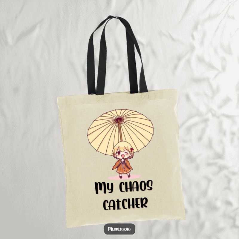 Funny umbrella struggle tote bag, a character comically fighting a large Japanese umbrella, a humorous and practical accessory.