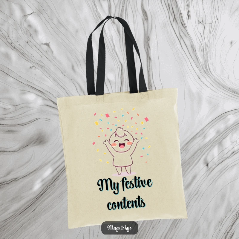 Funny tote bag with a cheerful character joyfully tossing colorful confetti, perfect for carrying items with a festive flair.