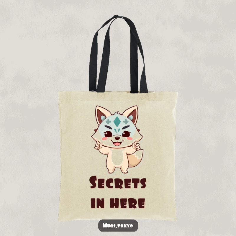 Funny Tote Bag featuring a character in a lively pose wearing a cheerful Kitsune mask, adding playful flair.